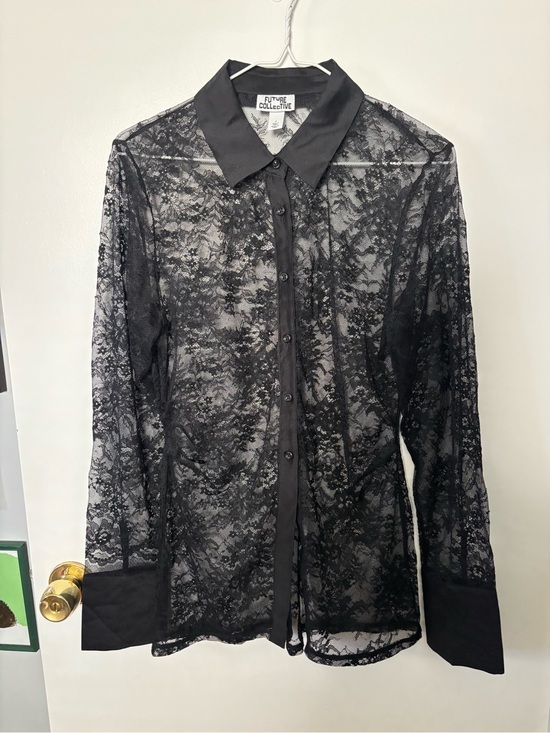 Future Collective Tops - Quiet Luxury Whimsigoth Flirty Future Collective Black Lace Button-Up Shirt